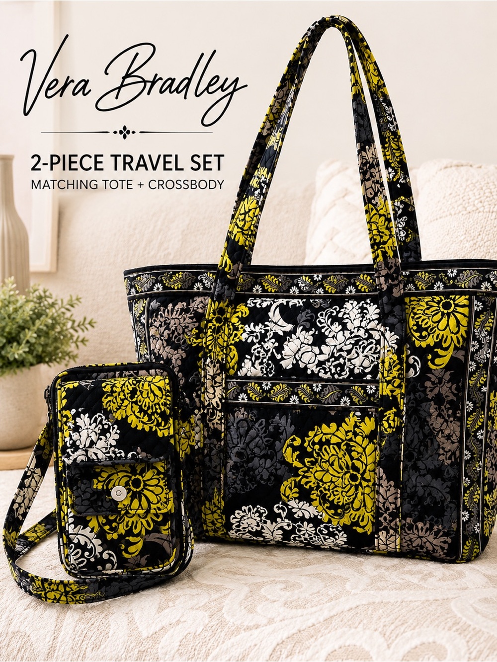 Vera Bradley 2-Piece Travel Set Black Yellow Floral Tote & Crossbody Bag